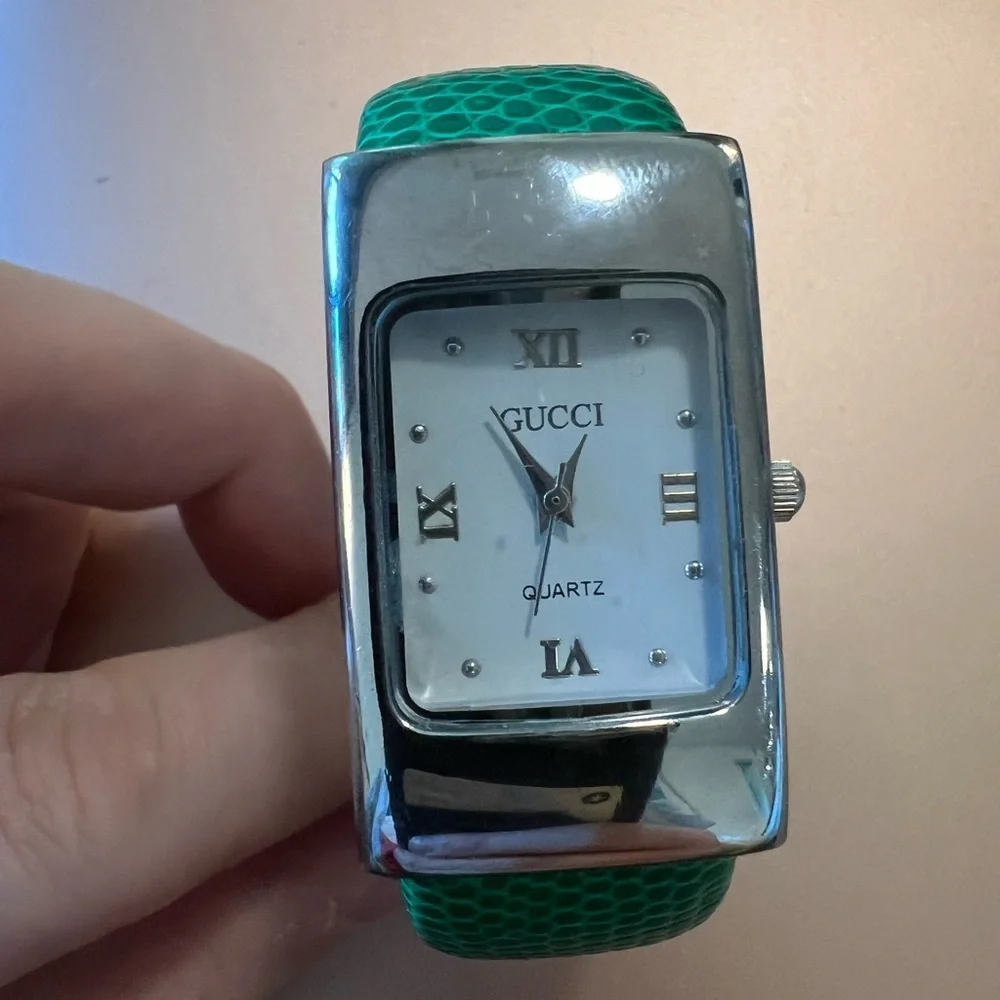 Gucci Silver and Green Watch with Roman Numerals